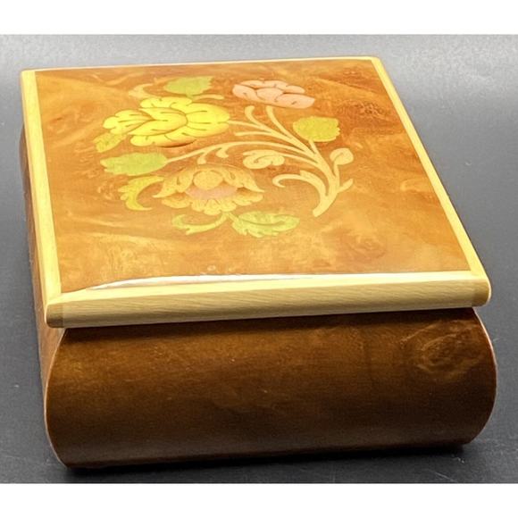 Burl Wood Laquered Trinket Box Floral Pink Yellow Flowers Velvet Hinged Lid - Picture 4 of 16